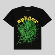 Front view of a black Sp5der OG Web V2 T-shirt featuring a large green spider web graphic and yellow Sp5der branding.