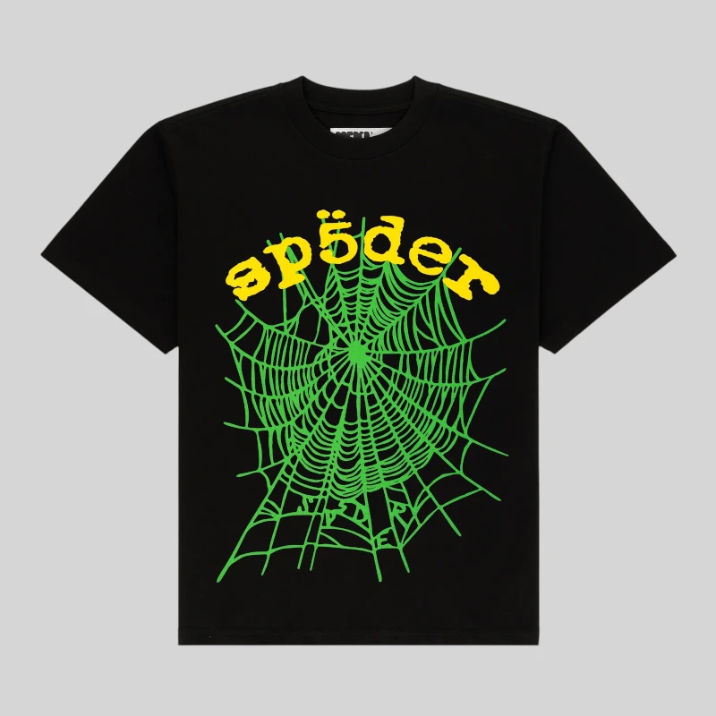 Front view of a black Sp5der OG Web V2 T-shirt featuring a large green spider web graphic and yellow Sp5der branding.