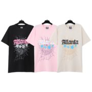 Sp5der Young Thug Atlanta T-Shirt collection featuring graphic prints in black, pink, and gray color variations.