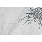 Close-up view of the grey Sp5der I Heart SP5 souvenir hoodie featuring the brand signature web graphic.