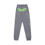 Grey Sp5der OG Web sweatpants featuring a distressed web design and iconic branding, offering a comfortable, loose fit.
