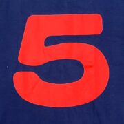 Close-up of the iconic red number five graphic featured on the navy blue Sp5der 5 Baby Tee streetwear shirt.