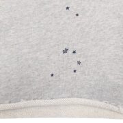 Close-up view of the premium French Terry cotton fabric texture featuring the iconic Sp5der OG Web Logo on grey sweat shorts.