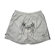 Light gray Sp5der streetwear shorts featuring a distinctive black graphic print and a comfortable elastic waistband.