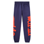 Back view of the Navy-Blue Sp5der Beluga unisex sweatpants with orange graphic print details on the legs.