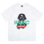 Front view of the Sp5der Reunion 555 white T-shirt featuring the iconic 555 logo and stylish graphic design.