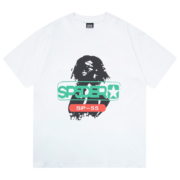 Front view of the Sp5der Reunion 555 white T-shirt featuring the iconic 555 logo and stylish graphic design.