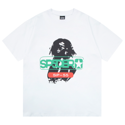 Front view of the Sp5der Reunion 555 white T-shirt featuring the iconic 555 logo and stylish graphic design.