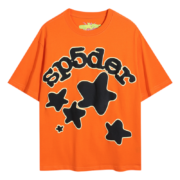 Sp5der Worldwide Star Beluga T-Shirt in bright orange with bold black star graphic design for modern streetwear style.