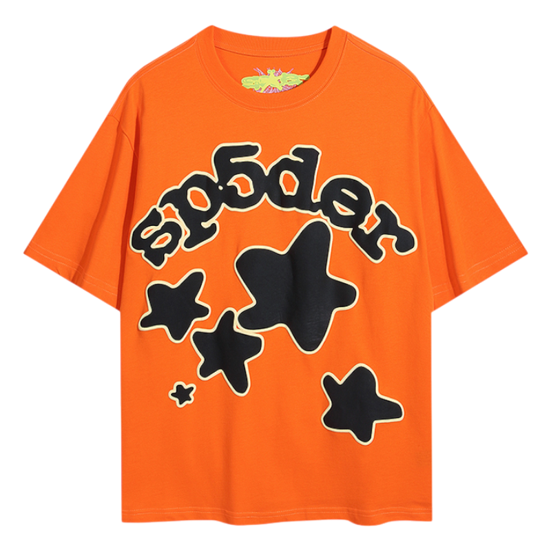 Sp5der Worldwide Star Beluga T-Shirt in bright orange with bold black star graphic design for modern streetwear style.