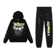 A full view of the Sp5der Jeffery black hoodie and matching sweatpants set featuring premium urban street style design.