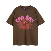 Sp5der Brown Angel 555 Tee featuring a mystical pink graphic design and web motif on a premium quality t-shirt.