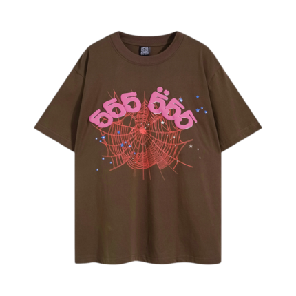 Sp5der Brown Angel 555 Tee featuring a mystical pink graphic design and web motif on a premium quality t-shirt.