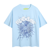 Sky blue SP5DER Young Thug T-shirt with graphic spider web print and bold streetwear branding on the front view.