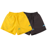 Sp5der sportswear shorts in black and yellow with an embroidered logo and a bold five-star printed design for men.