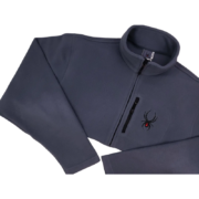 Front view of the grey Sp5der fleece jacket featuring a high collar, full-zip closure, and embroidered spider logo.
