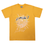 This yellow Sp5der T-shirt features a bold white web graphic print with rhinestones for a streetwear aesthetic.