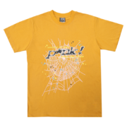 This yellow Sp5der T-shirt features a bold white web graphic print with rhinestones for a streetwear aesthetic.