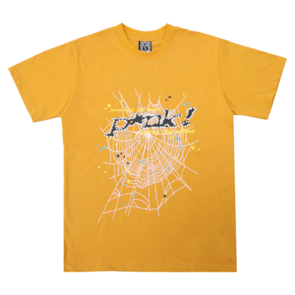 This yellow Sp5der T-shirt features a bold white web graphic print with rhinestones for a streetwear aesthetic.