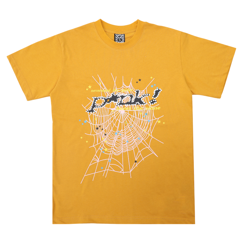 This yellow Sp5der T-shirt features a bold white web graphic print with rhinestones for a streetwear aesthetic.