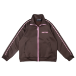 Front view of the brown SP5DER G550 high-performance jacket featuring pink accents and a sleek modern design.