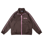 Front view of the brown SP5DER G550 high-performance jacket featuring pink accents and a sleek modern design.