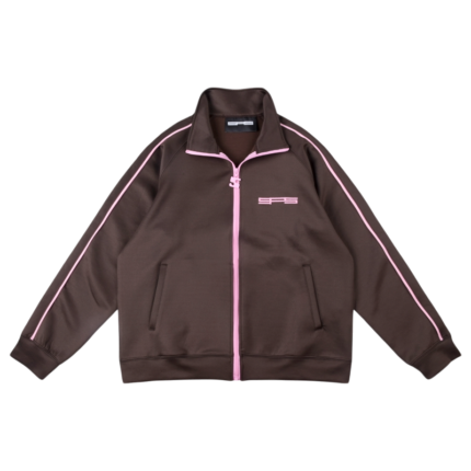 Front view of the brown SP5DER G550 high-performance jacket featuring pink accents and a sleek modern design.