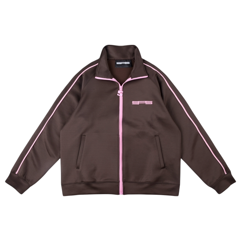 Front view of the brown SP5DER G550 high-performance jacket featuring pink accents and a sleek modern design.