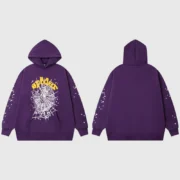 Front and back view of the purple Sp5der Star OG Web V2 hoodie with iconic star and web graphic streetwear design.