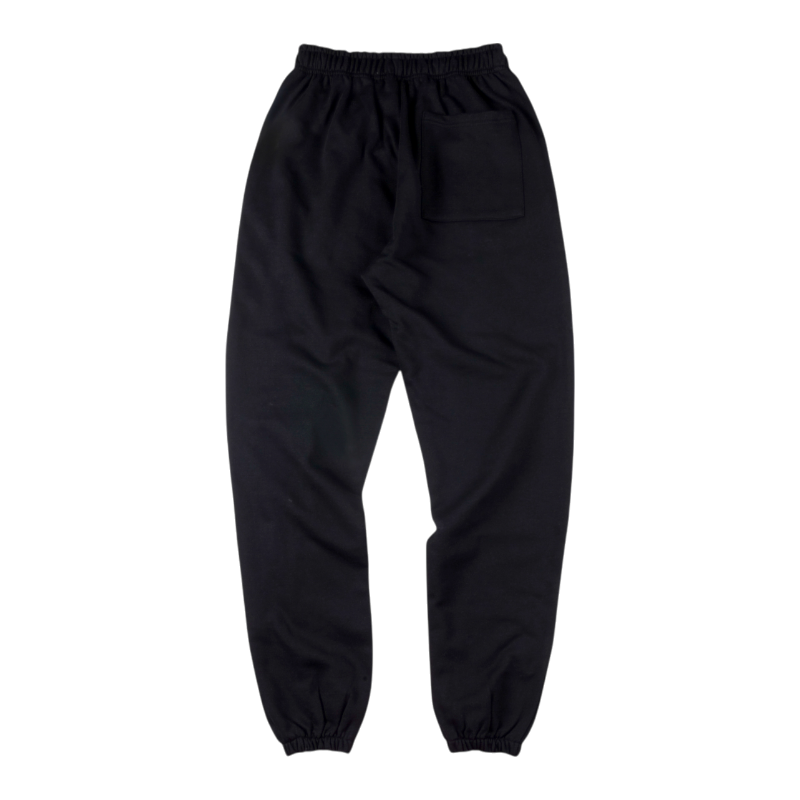 Back view of black Sp5der Souvenir SP5 sweatpants featuring an elasticated waistband and comfortable loose fit.