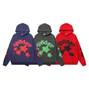 Sp5der Beluga Hoodie collection featuring Navy Blue, Jet Black, and Red designs with signature star graphics.