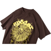 A premium brown Sp5der OG web tee-shirt featuring the signature yellow spider web graphic print for a streetwear style.