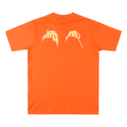 Bright orange Sp5der Arach t-shirt showing the back view with an oversized streetwear graphic and quality cotton.