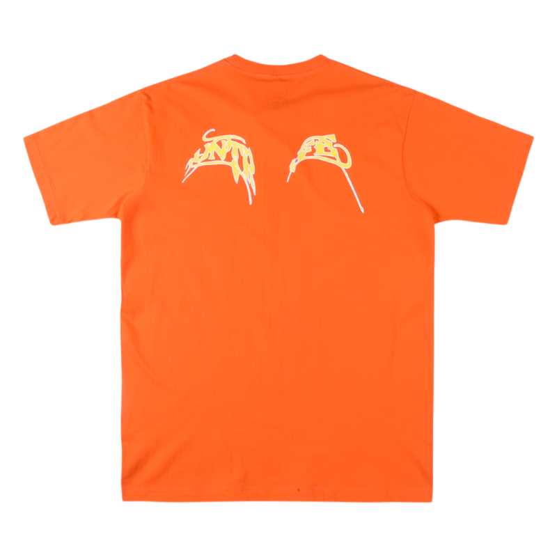 Bright orange Sp5der Arach t-shirt showing the back view with an oversized streetwear graphic and quality cotton.