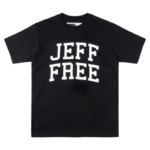 Black SP5DER Jeff Free graphic t-shirt featuring bold white varsity-style lettering on the front in an oversized fit.