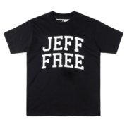 Black SP5DER Jeff Free graphic t-shirt featuring bold white varsity-style lettering on the front in an oversized fit.