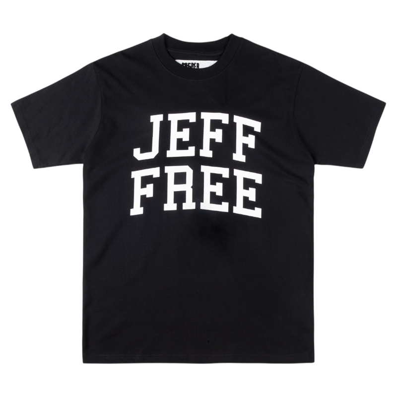 Black SP5DER Jeff Free graphic t-shirt featuring bold white varsity-style lettering on the front in an oversized fit.