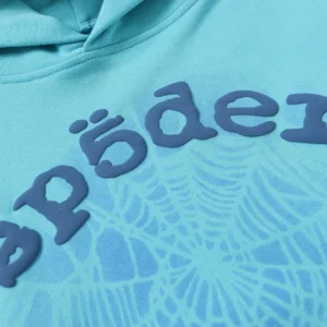 Sp5der OG Web V2 Spray Hoodie 'Light Blue' close up