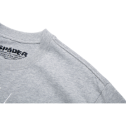 A close-up detail shot of the grey Sp5der Arach Phobia New York tee showing the branded inner neck collar and stitching.