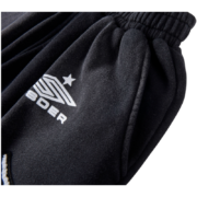 Detailed view of the premium black Sp5der cut sweatshort featuring the signature white branded logo and elastic waist