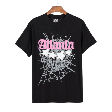 Sp5der Atlanta Print T-Shirt in black featuring a pink script logo and white web graphic with star design elements.