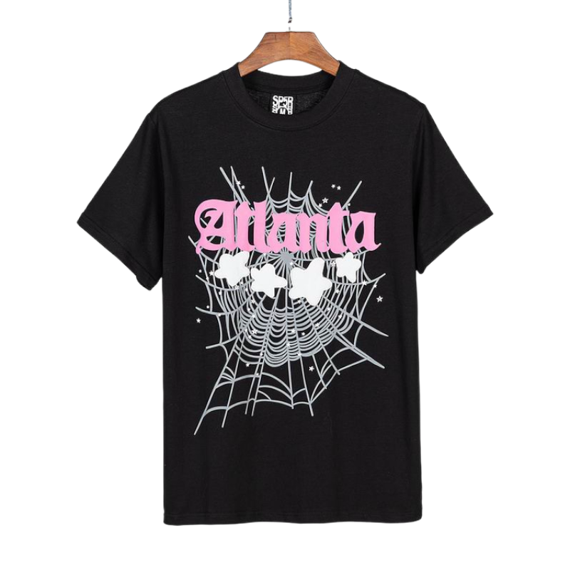 Sp5der Atlanta Print T-Shirt in black featuring a pink script logo and white web graphic with star design elements.