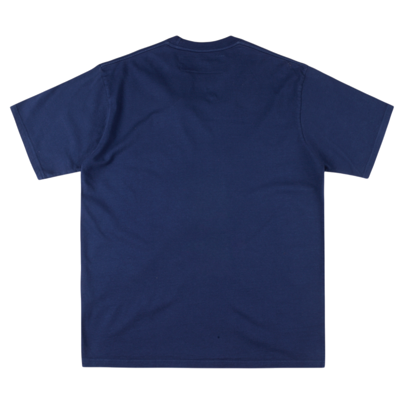 The back view of a plain navy blue SP5DER 5 baby t-shirt, showcasing the simple and clean design of the apparel.