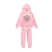 The Sp5der OG Web Hoodie and Sweatpants set in pink featuring the iconic spiderweb graphic design for streetwear fans.