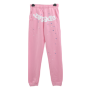 Front view of the Sp5der Atlanta pink sweatpants featuring white branding and star graphics on a soft cotton fabric.