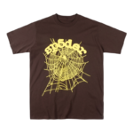 Sp5der OG Web Tee in brown featuring a signature yellow spider web graphic printed on the front of the t-shirt.