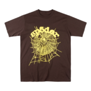 Sp5der OG Web Tee in brown featuring a signature yellow spider web graphic printed on the front of the t-shirt.