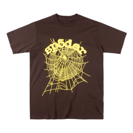 Sp5der OG Web Tee in brown featuring a signature yellow spider web graphic printed on the front of the t-shirt.