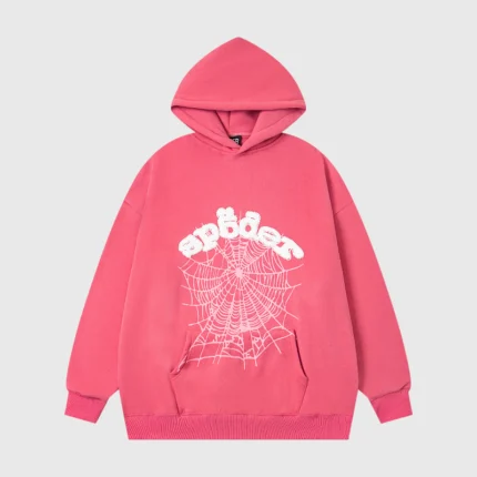 Pink Sp5der Legacy Hoodie featuring a bold white spider web graphic on the front for a stylish streetwear aesthetic.