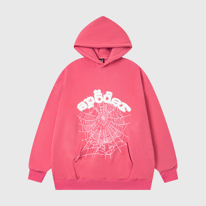 Sp5der Legacy Hoodie In Pink Front View Pink Sp5der Legacy Hoodie featuring a bold white spider web graphic on the front for a stylish streetwear aesthetic.